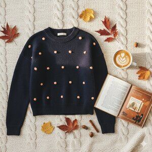 Madewell Women's Navy & Orange Wellesley Bobble Pullover Crewneck Sweater Size M